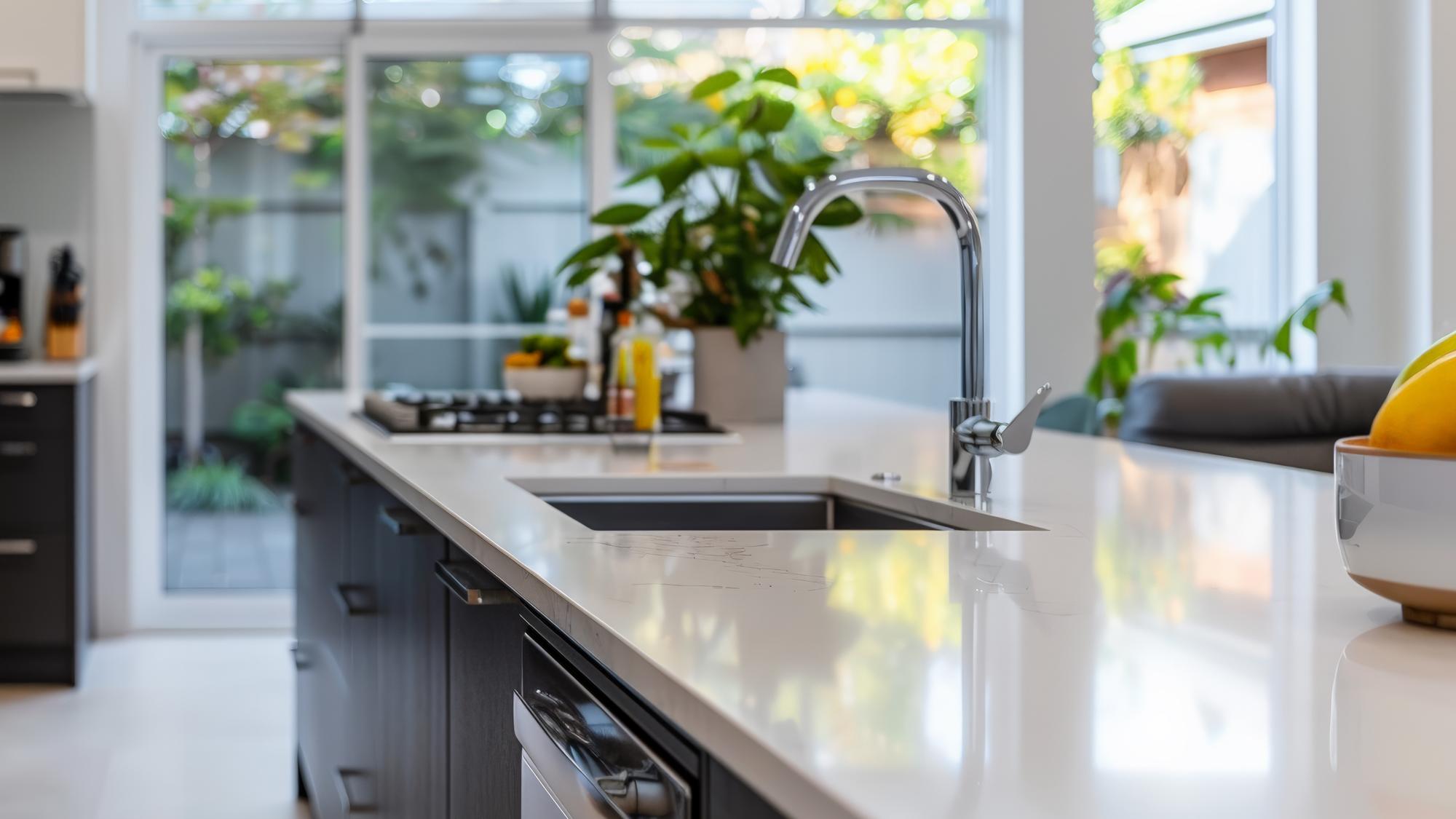 A modern kitchen with a sleek countertop, featuring a stainless steel sink and faucet. In the background, there are large windows letting in natural light, with greenery visible outside. The kitchen has dark cabinetry and a gas stove, along with some decorative items on the counter.