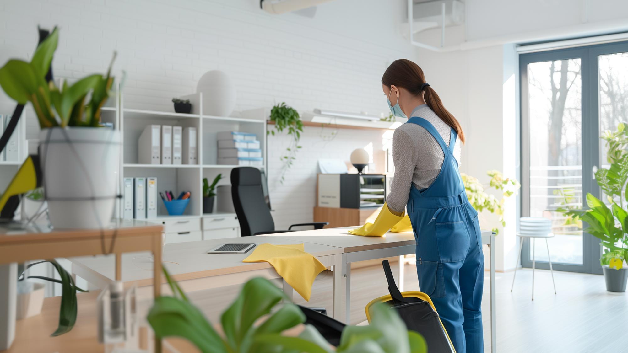 A person wearing blue overalls and a mask is working in a bright, modern office space, folding a yellow cloth on a desk surrounded by plants and office supplies.